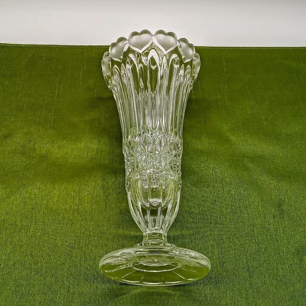 Clear Crystal Tall Glass Vase Frosted Hearts Rim